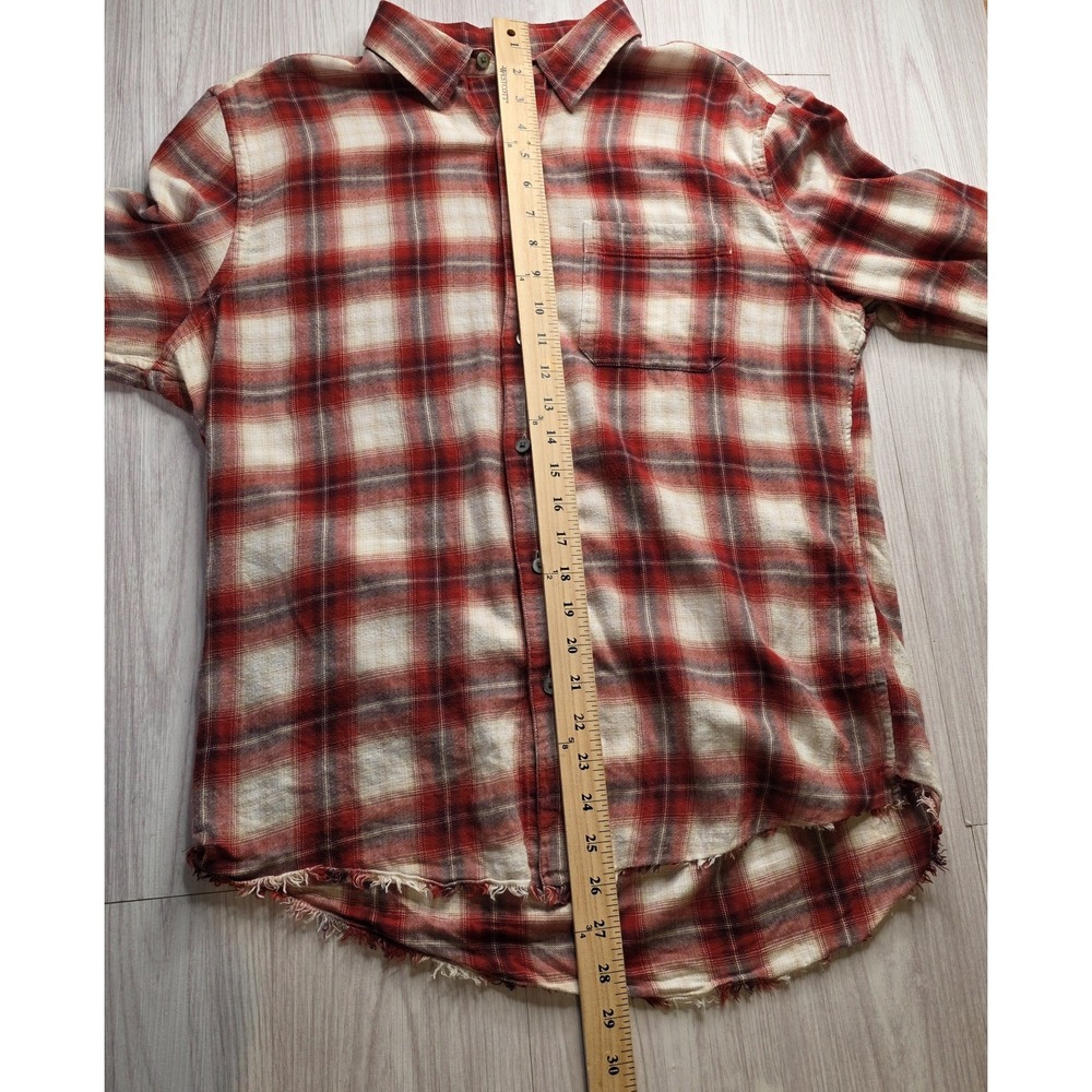 FRAME Slim Plaid Flannel Shirt Red Cream‎ Distressed Hem Button Up Medium - Picture 9 of 10